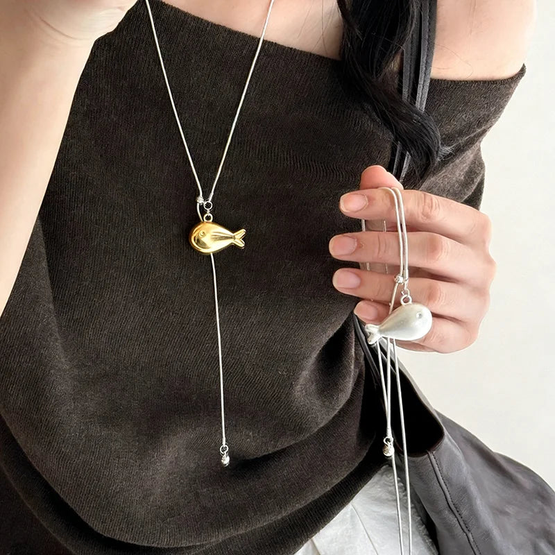 Korean Fashion Simple Silver Small Fish Pendant Necklace Female Adjustable Pull  Long Sweater Chain Charm Jewerly Holiday Gift