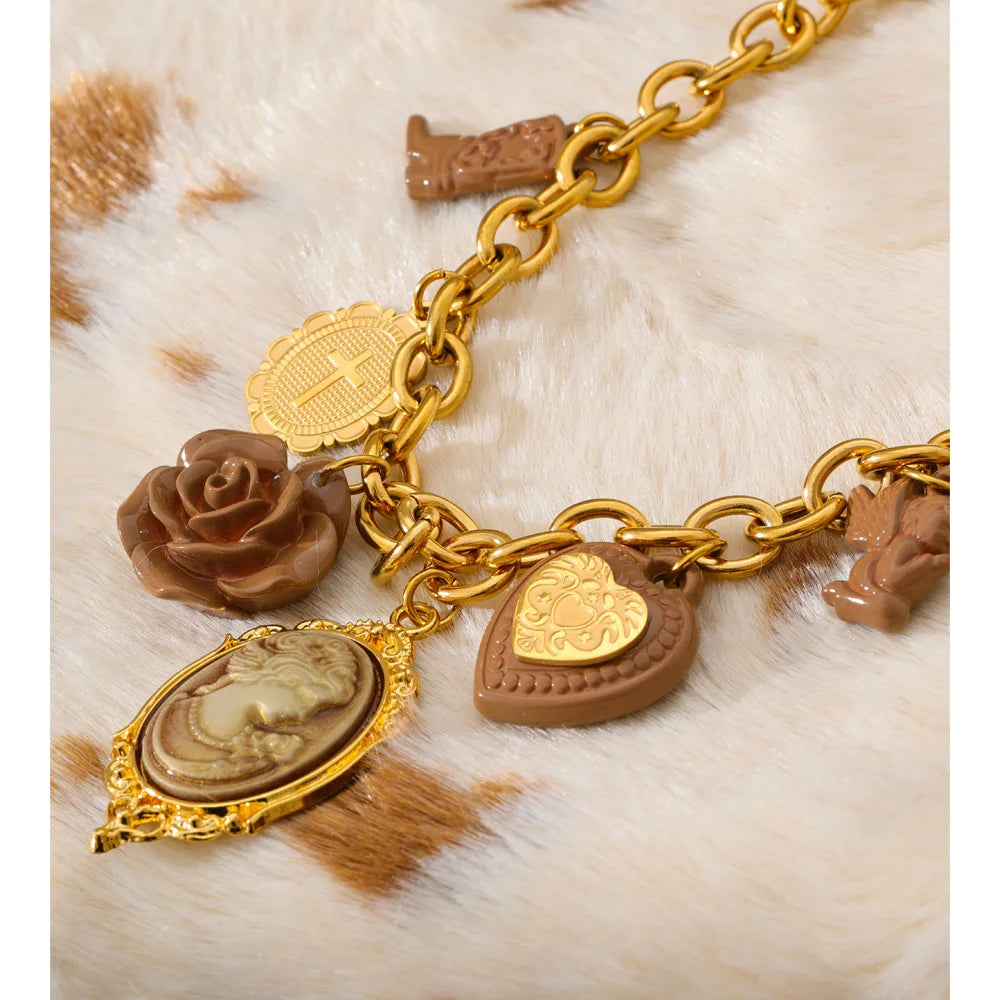 Yhpup New Arrivals Resin Flower Heart Portrait Drop Statement Necklace for Women 18K Golden PVD Plated Charm Exclusive Jewelry