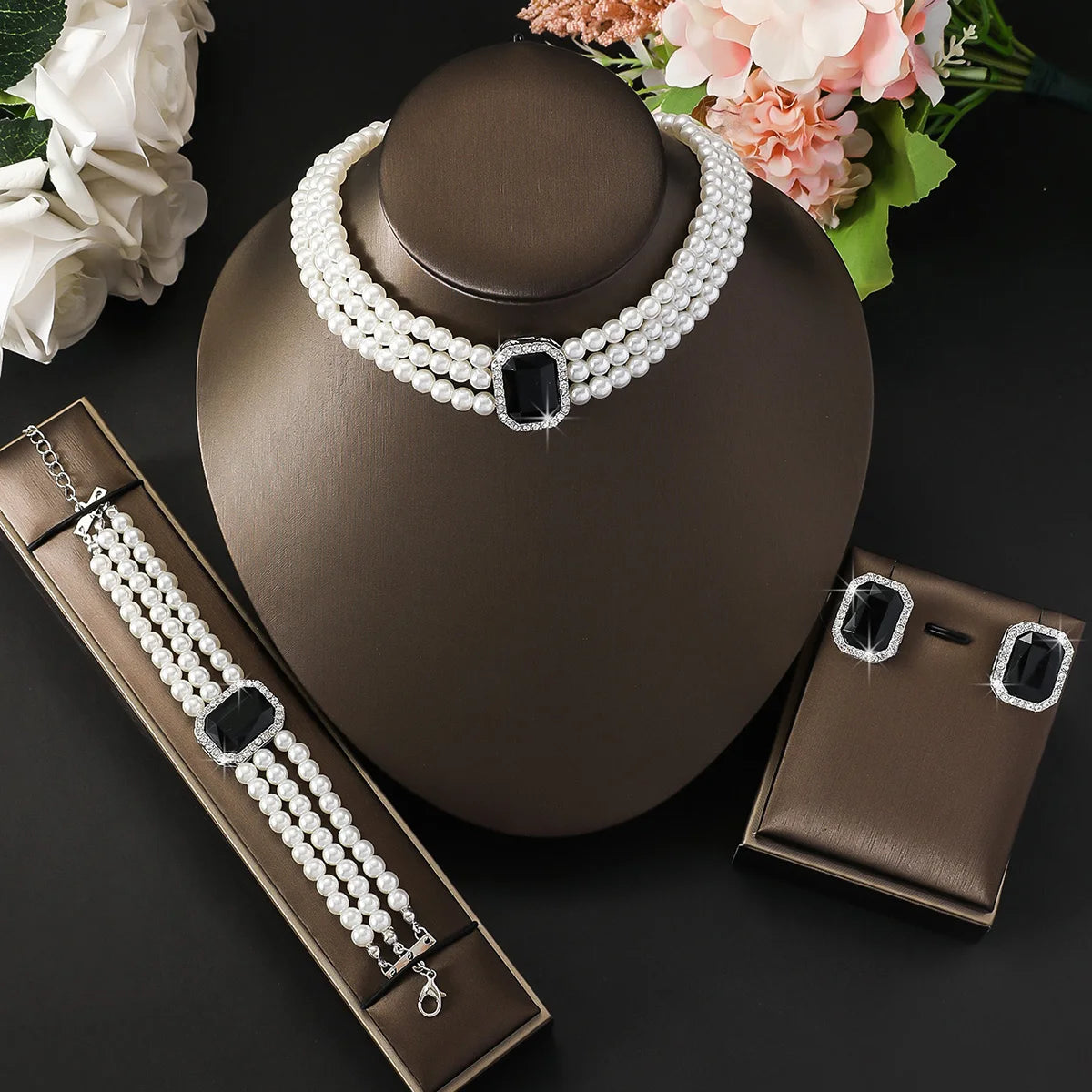 4PC Women's Fashion Light Luxury Short Style Imitation Pearl Turquoise Necklace Earrings Bracelet Jewelry Set Party Festival Gif