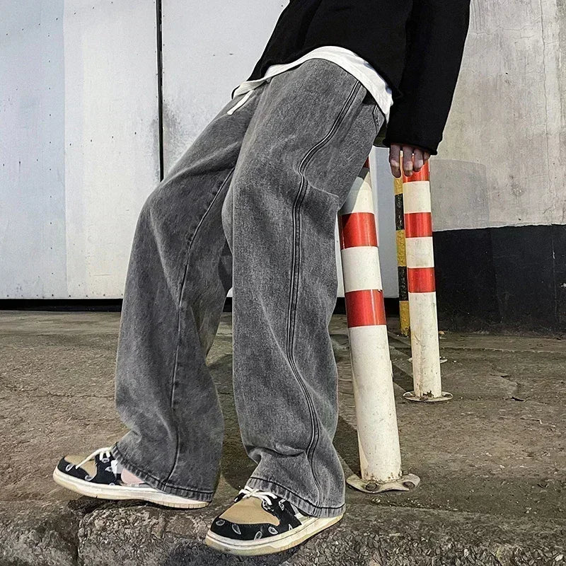 2025 Men's Jeans Korean Version Student Casual Pants High Street Straight Loose Wide Leg Jeans Black Grey Blue Baggy Jeans