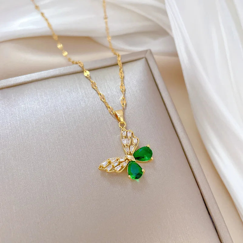 DIEYURO 316L Stainless Steel Steell Green Crystal Hollow Out Butterfly Necklace Earring Set For Women New Fashion Jewelry Gift