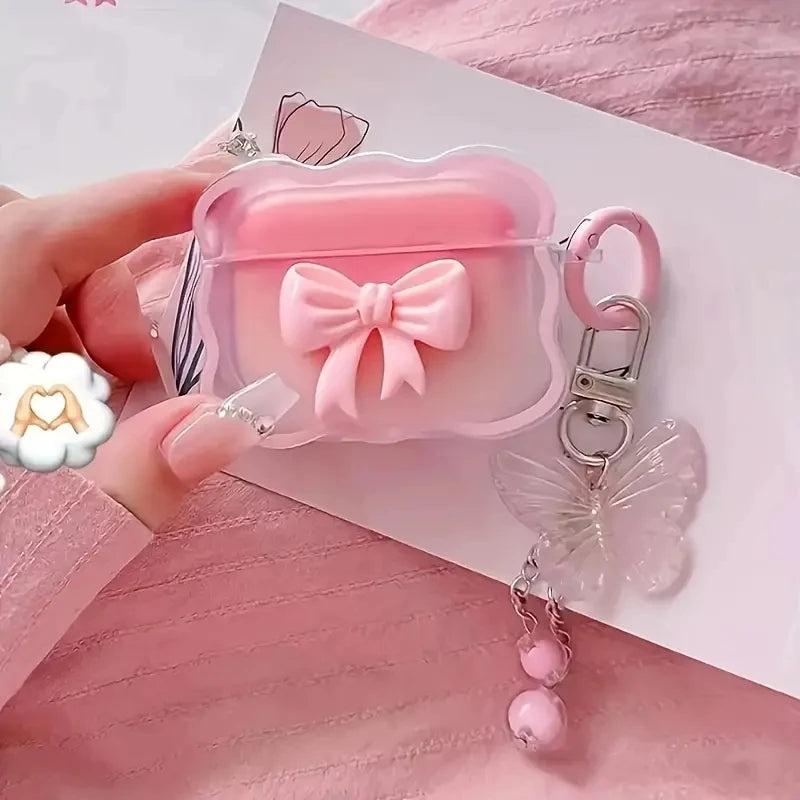 INS wave Bow Transparent Case Stars Wave Gradient Pink  Bow Headphone Cover Airpods 4 pro2 Protective Bag Earphone Case
