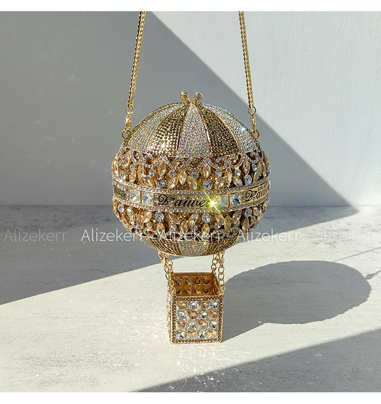 Alizekerr Hot Air Balloon Shaped Crystal Evening Bags Women Luxury Classy Unique Rhinestone Circular Clutch Purses Wedding Party
