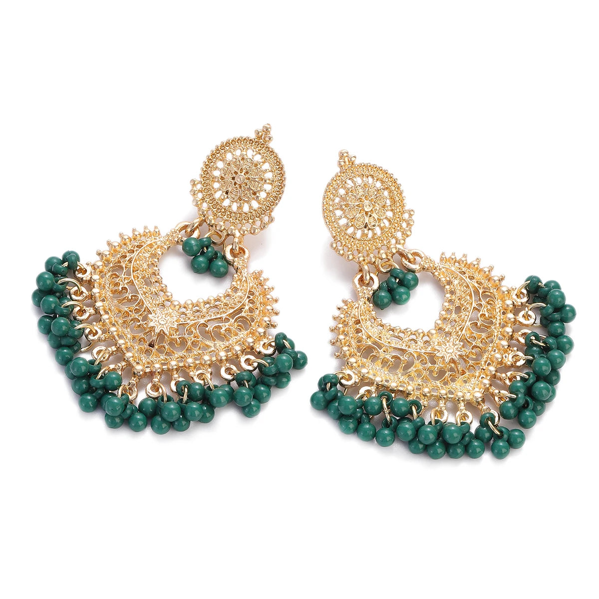 Boho Gold Color Heart Shape Carved Flower Dangle Earrings for Women Indian Jhumka Earrings