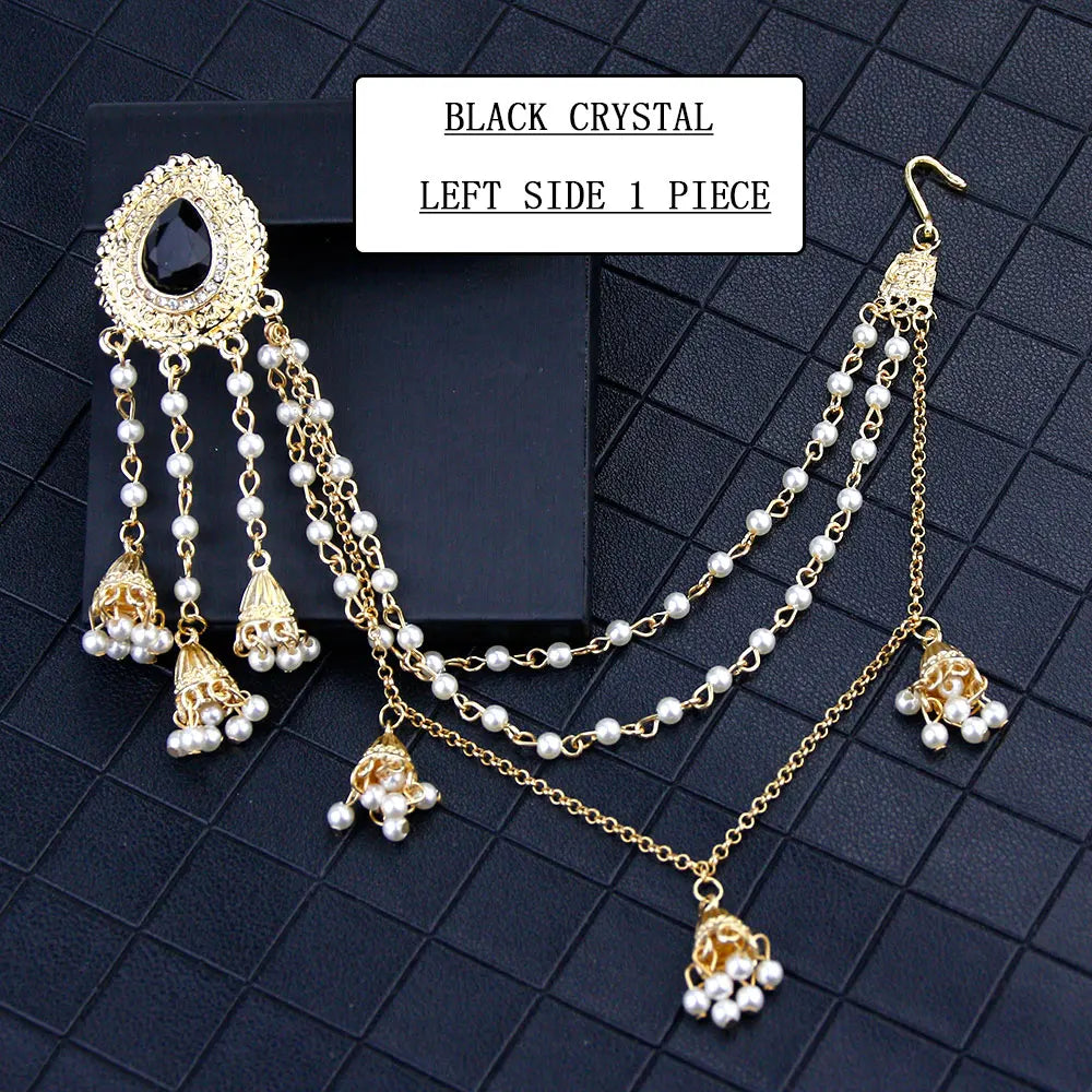 Sunspicems Fashion Indian Earring Link Headdress Jewelry Handmade Bead Chain With Metal Pendant Gold Color Bridal Bijoux Gift