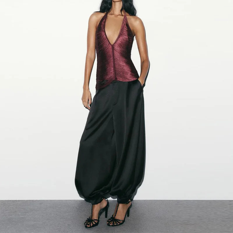 Fashion Chic Tassel Design Short Top Women Off-shoulder Backless Solid Halter Strap Tops New Trendy Clothes High Street Y2k Vest