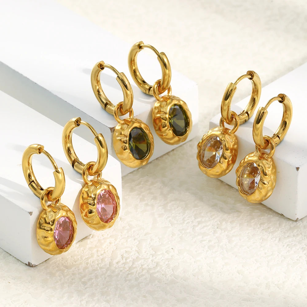 E.B.belle Colorful Zircon Stone Hoop Earring Hammered Pattern Oval Earrings Stainless Steel Gold Plated For Women's Gift