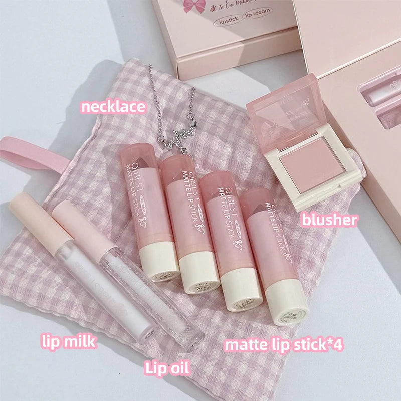 7Pcs/Box Makeup Sets 4PCS Velvet Nude Liquid Lipstick,1 Lip Cream,1 Lip Oil,1 Face Blush Palette And Necklace Gift Cosmetic Kits