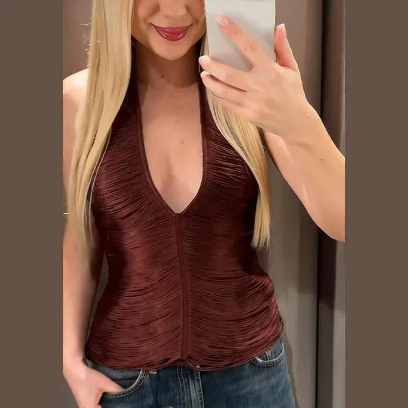 Fashion Chic Tassel Design Short Top Women Off-shoulder Backless Solid Halter Strap Tops New Trendy Clothes High Street Y2k Vest