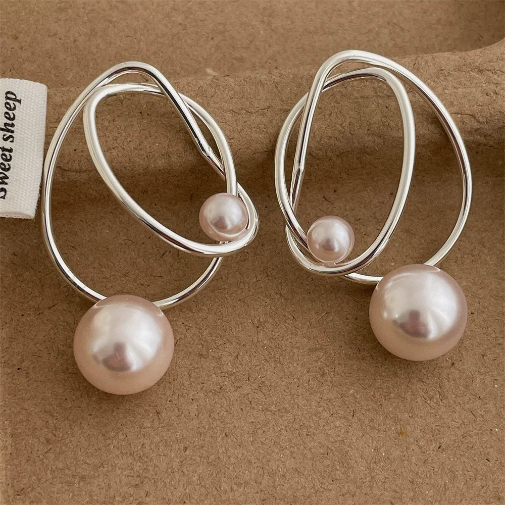 Kshmir Vintage Irregular Metal Line Pearl Pendant Earrings for Women Simple Commuter Jewelry Party Accessories