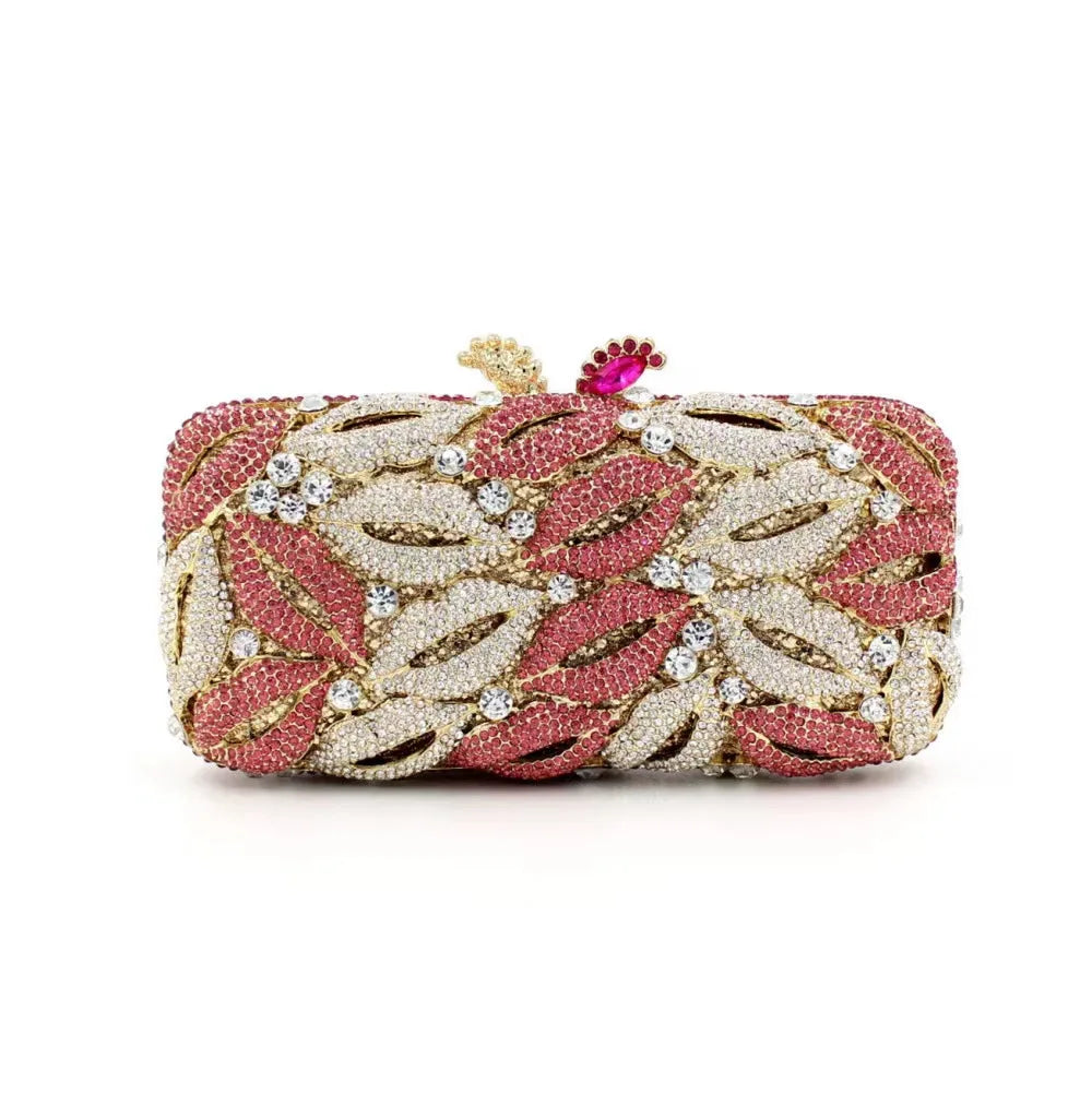 Women Multi Pink Lips Crystal Cocktail Clutch Purse Wedding Bridal Banquet Dinner Evening Bag Diamond Birthday Party Handbag