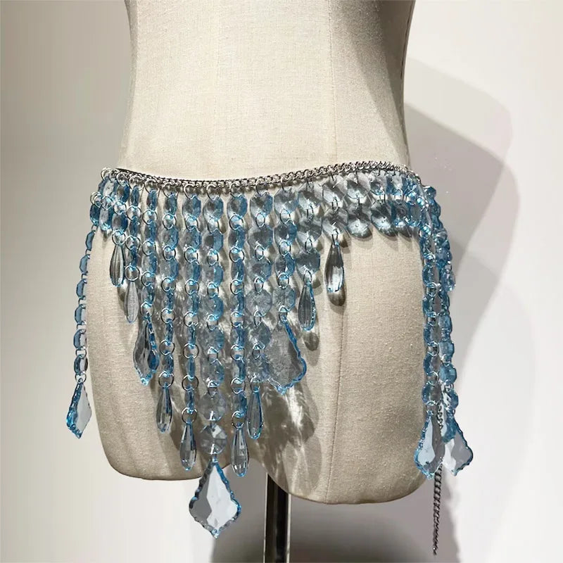 Luxury Blue Beaded Bikini Music Rave Party Body Chain Jewelry Bridal Wedding Accessories Fringe Crystal Mermaid Bra Top & Skirt