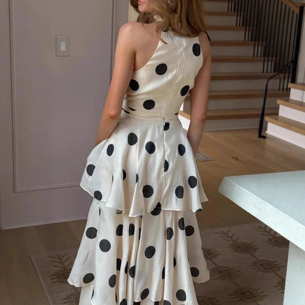 Tuularose Women's 2-Piece Long Sleeveless Polka Dot Dress Set with Ruffle Pleated Skirt Elegant O-Neck Top Sexy Ankle-Length Party Dress