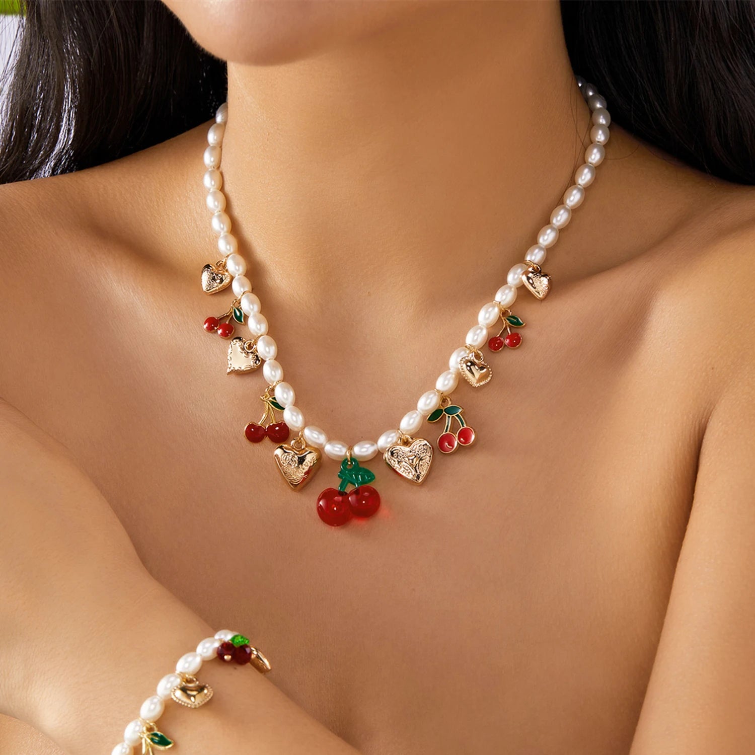 Dainty Sweet Fruit Cherry Heart Charms Pendant Necklace For Women Elegant Imitation Pearl Choker Neck Chain Jewelry Party Gift