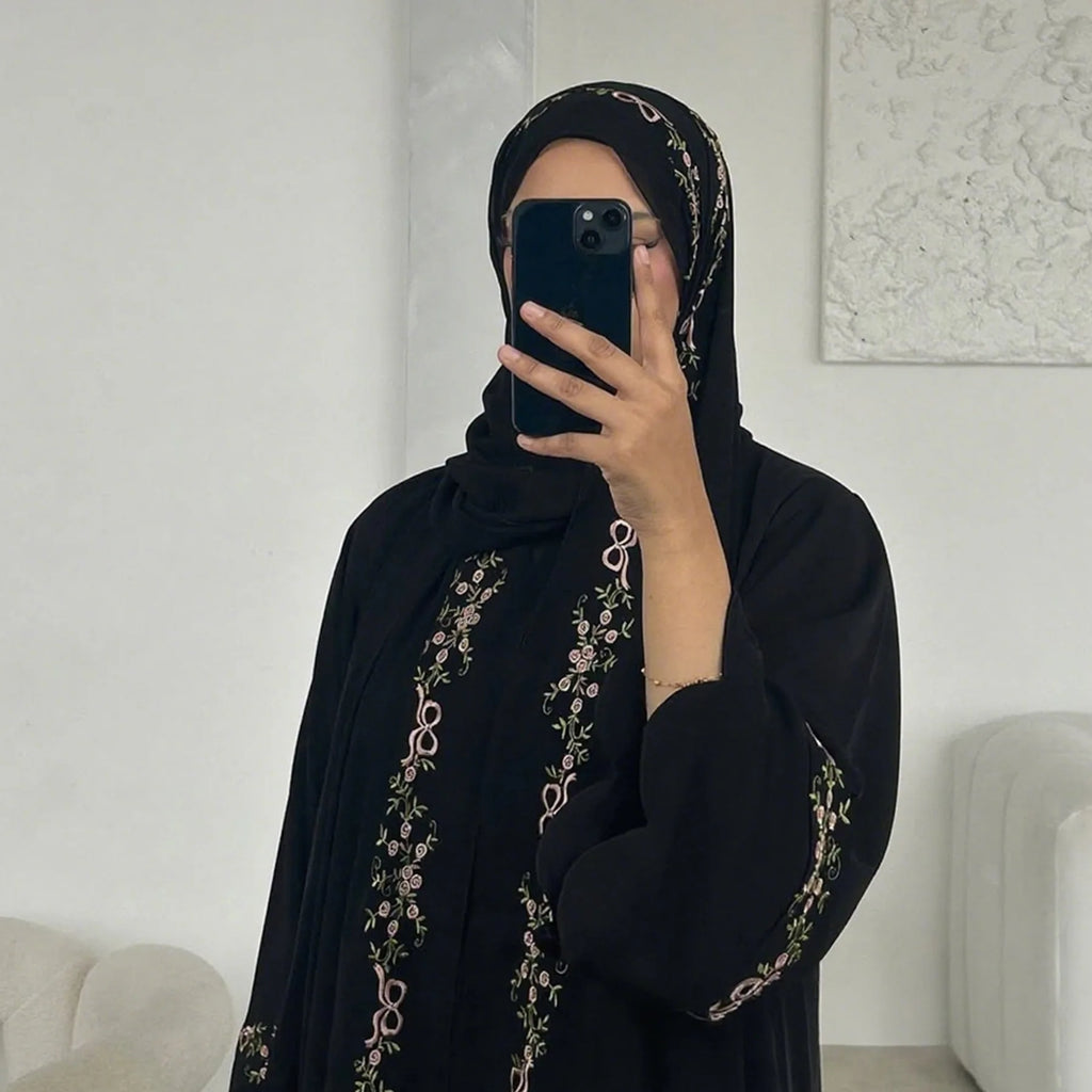 Embroidery Open Abaya and Hijab 2 Piece Set Muslim Dress Abayas for Women Dubai Luxury Islamic Clothing Kaftan Robe Ramadan Eid