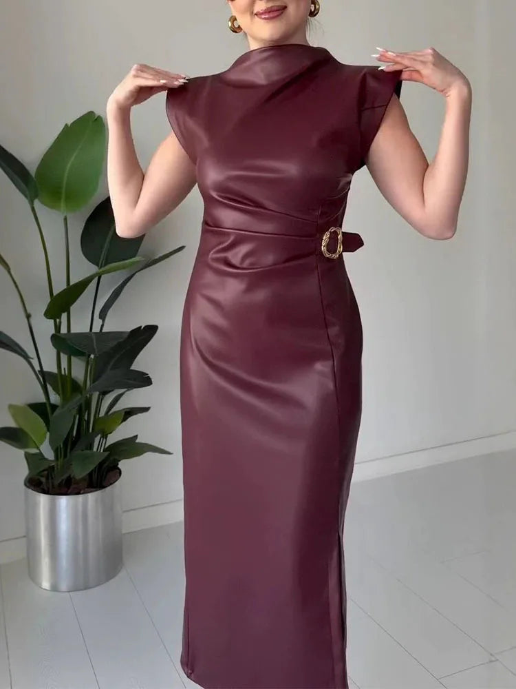 Autumn High Waist Slim Fit Solid A-line Dress Vintage Office Straight Long Dress Fashion Women's O-neck Sleeveless Leather Dress
