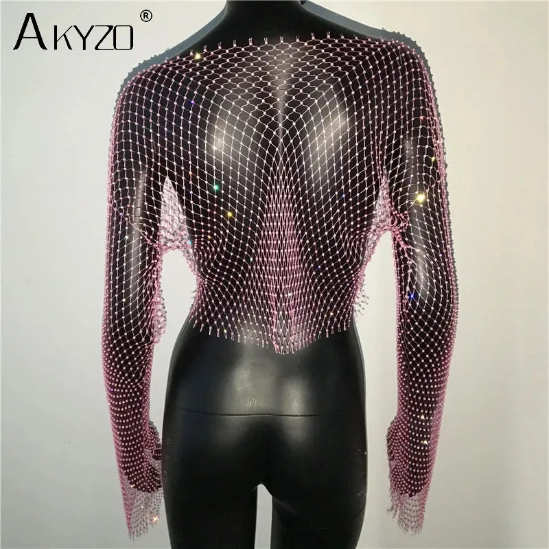 Autumn Women Sexy See Through Fishnet T Shirt Glitter Rhinestone Hollow Mesh Long Sleeve Crop Tops Nightclub Party Festival Top