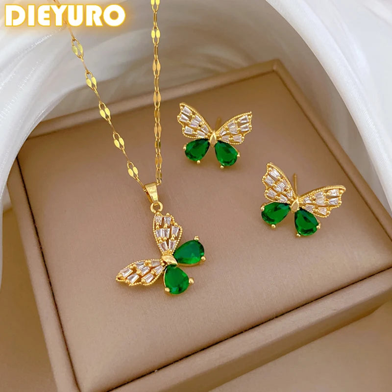 DIEYURO 316L Stainless Steel Steell Green Crystal Hollow Out Butterfly Necklace Earring Set For Women New Fashion Jewelry Gift