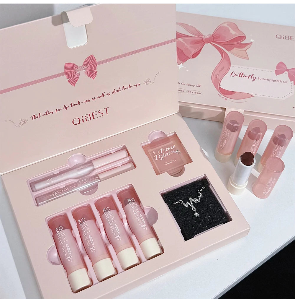 7Pcs/Box Makeup Sets 4PCS Velvet Nude Liquid Lipstick,1 Lip Cream,1 Lip Oil,1 Face Blush Palette And Necklace Gift Cosmetic Kits