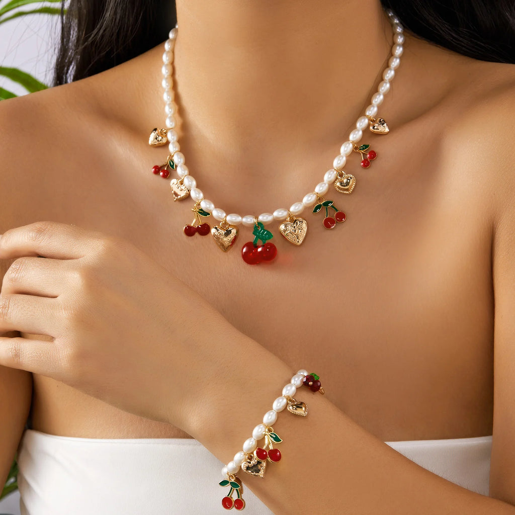 Dainty Sweet Fruit Cherry Heart Charms Pendant Necklace For Women Elegant Imitation Pearl Choker Neck Chain Jewelry Party Gift