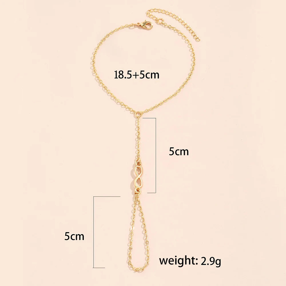 Simple Heart Pendant Chain Bracelet Link Connected Gold plated Wide Finger Ring Bracelets for Women Link Hand Harness Jewelry