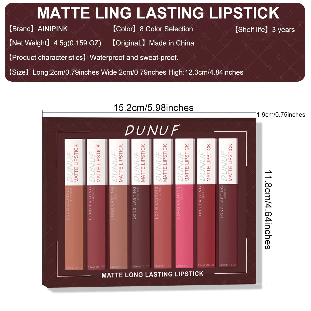 DUNUF 8 pcs matte color lasting lip gloss set three-dimensional plastic lips waterproof anti-sweat non-stick cup lipstick set