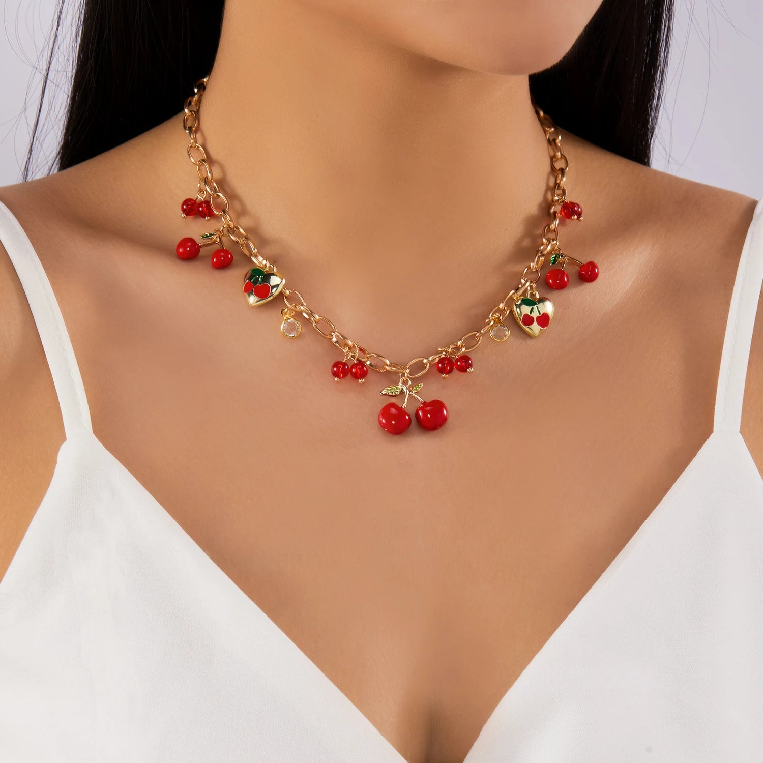 2026 Fashion Charm Cherry Heart Pendant Necklace for Women Red Strawberry Bow Pearl Clavicle Chain Aesthetic Party Jewelry