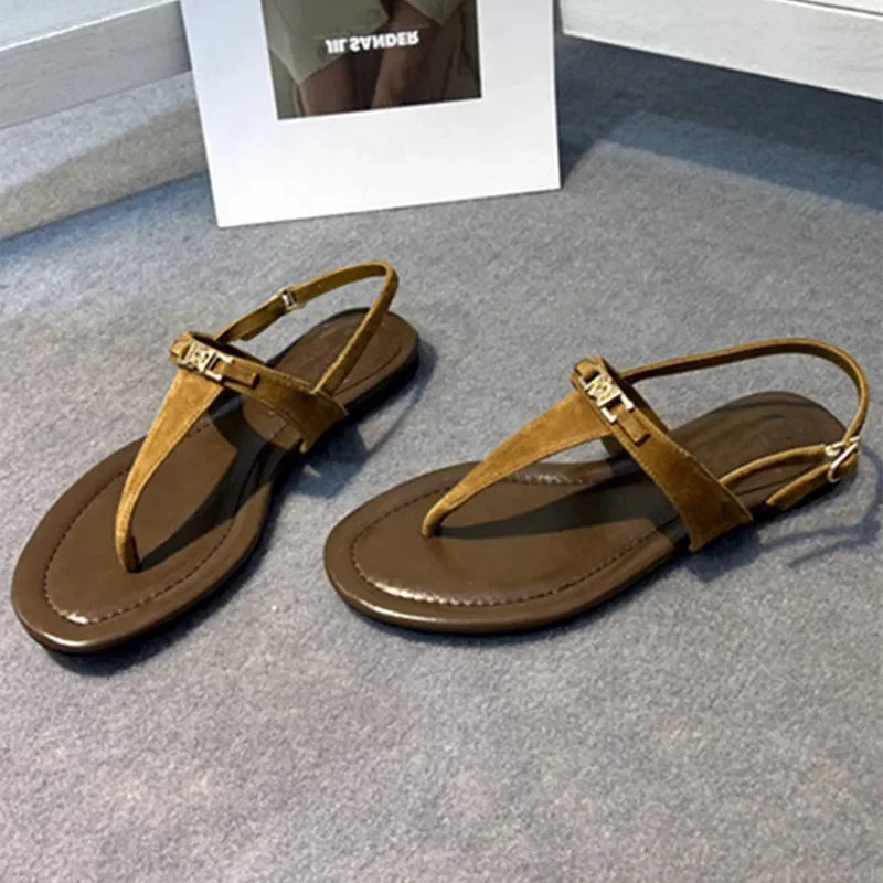 Genuine Leather Retro Clip Toe Roman Sandals Women Summer Fashion Flat Shoes Sexy T-Strap Flip Flops Casual Beach Slippers Women