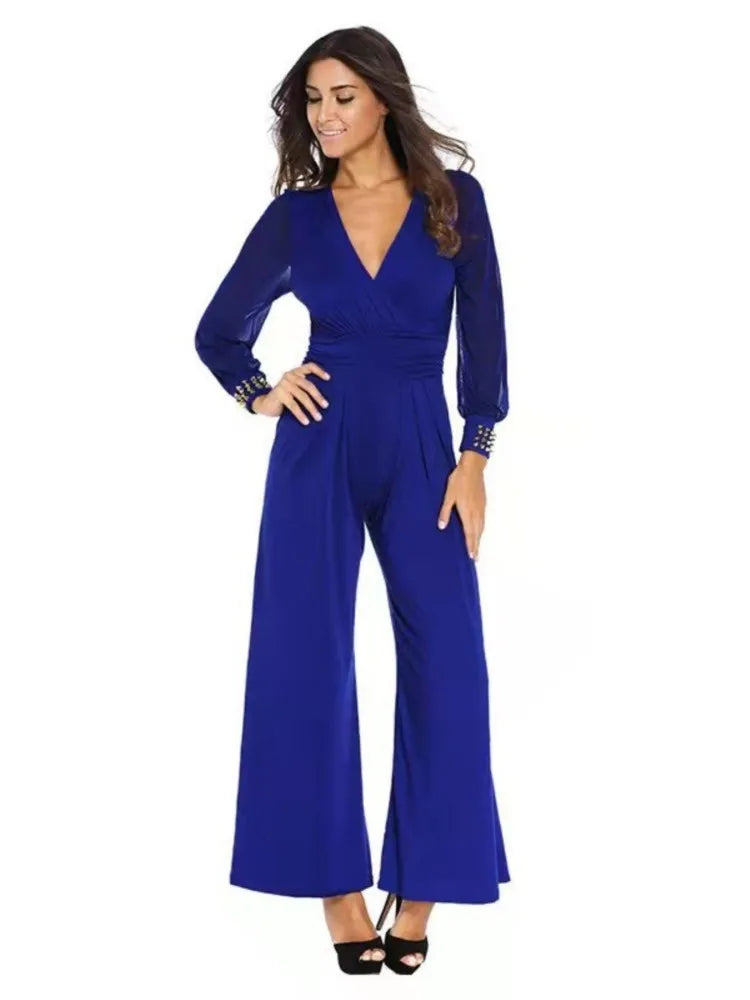Fashion Deep V-neck Long-sleeved Waist Jumpsuit For Women Elegant Solid Color Lace Lantern Sleeves Loose Casual Jumpsuit Female