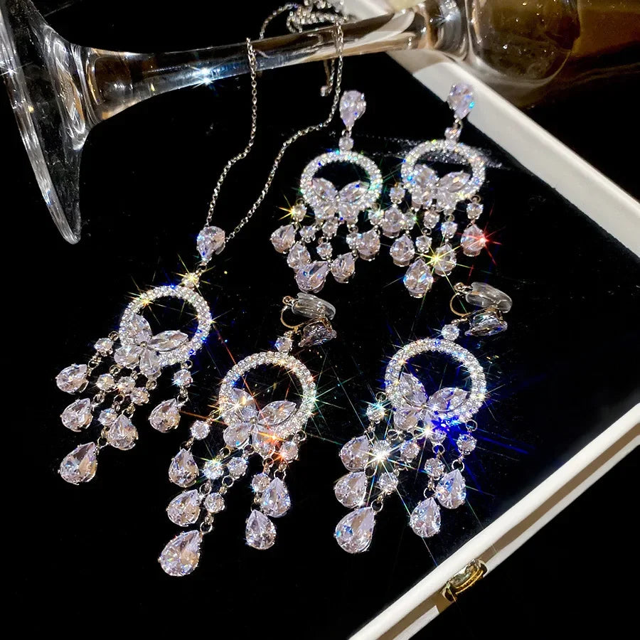 Inlaid Rhinestone Zircon Round Butterfly Jewelry Sets for Women 2025 Fashion Light Luxury High-end Wedding Earring Necklace Set