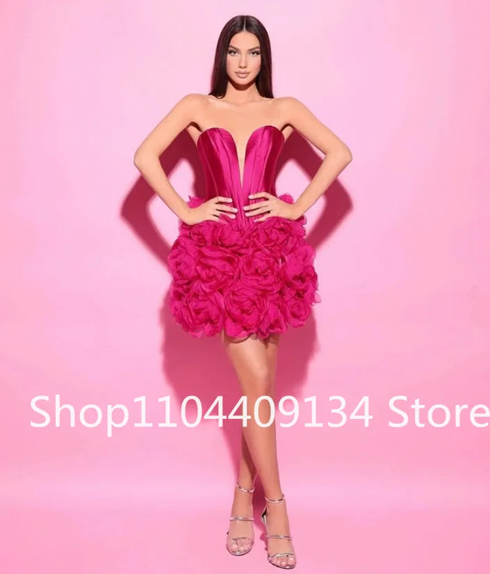 Fuchsia Red Mini Cocktail Dress Sweetheart Corset Top 3D Floral Skirt Satin Mermaid Gown for Birthday Gala Prom Customized