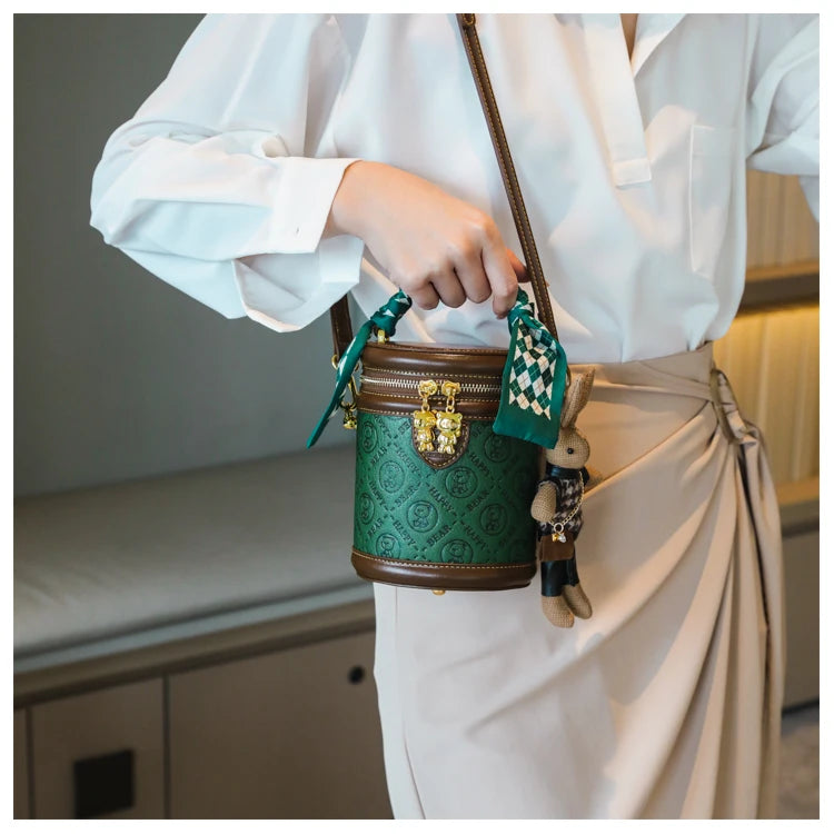 cute bear design crossbody bags for women,mellifluous women's handbag,knurling cylindrical shoulder purse,Girl handbag purse