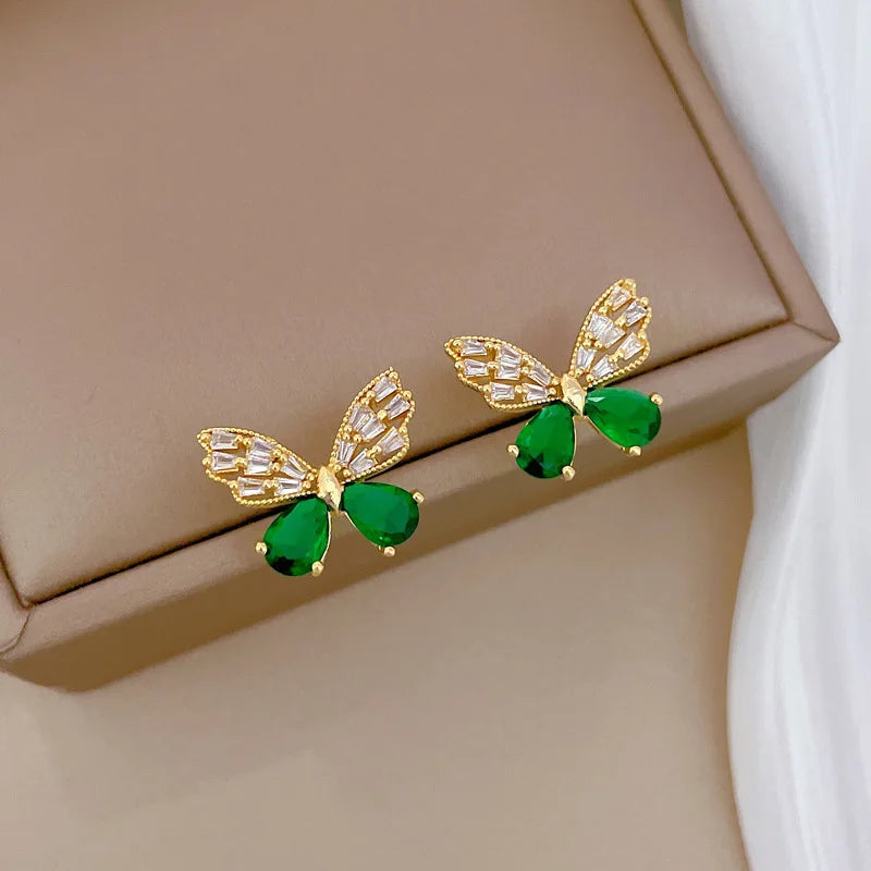 DIEYURO 316L Stainless Steel Steell Green Crystal Hollow Out Butterfly Necklace Earring Set For Women New Fashion Jewelry Gift