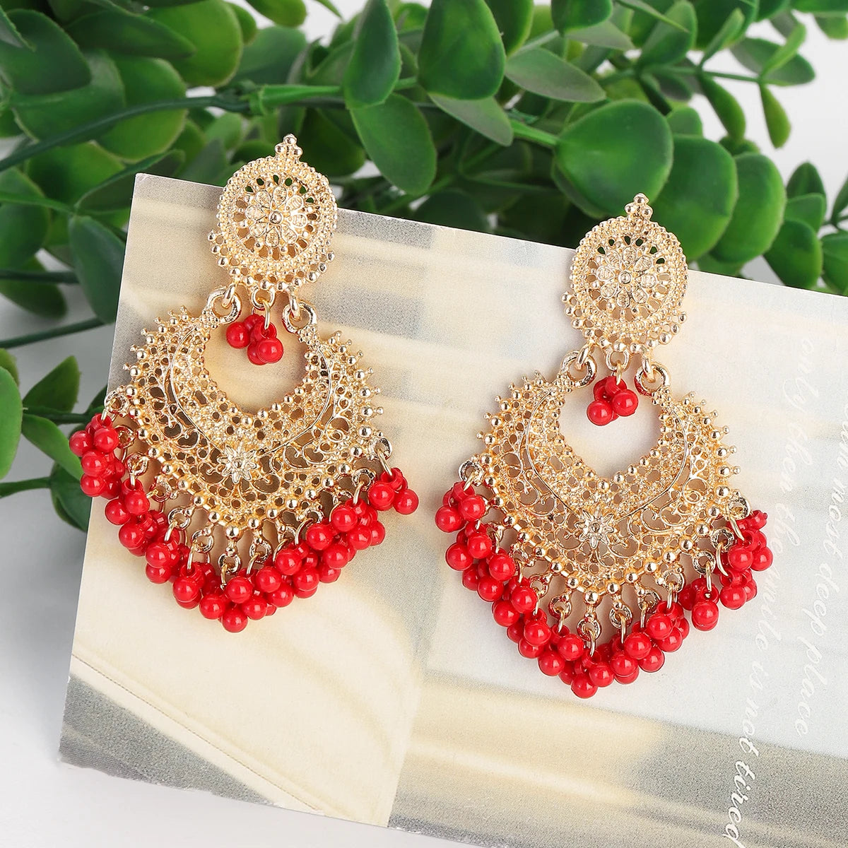 Boho Gold Color Heart Shape Carved Flower Dangle Earrings for Women Indian Jhumka Earrings