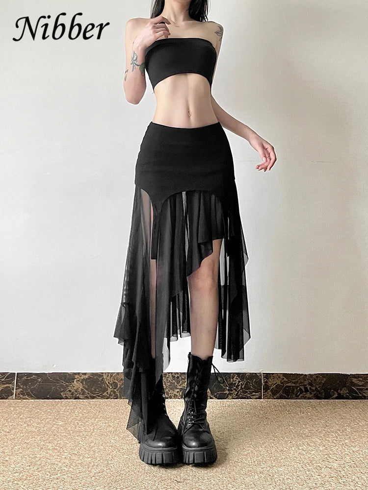 Nibber 2024 Summer Solid Color Simple All-match Casual Sexy Fimbriate High Street Trendy Cool Women's Laminated Ruffled Skirt