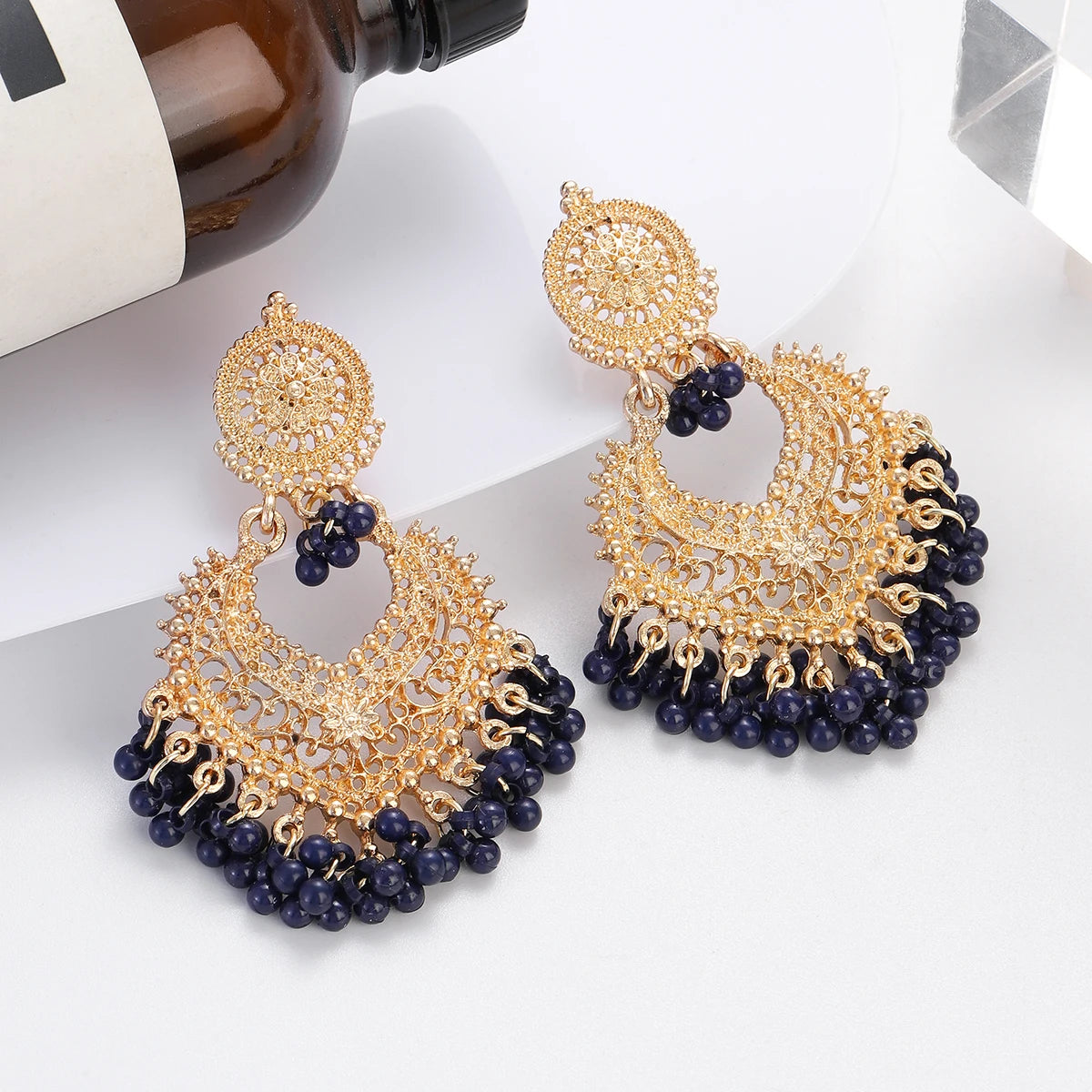 Boho Gold Color Heart Shape Carved Flower Dangle Earrings for Women Indian Jhumka Earrings