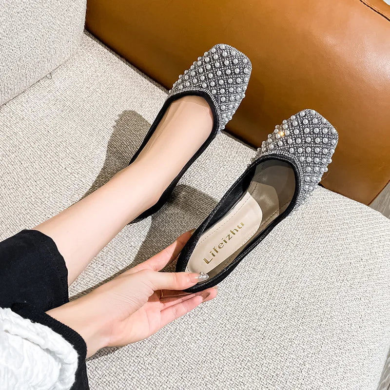 2025 Spring Summer Women Fashion Pumps New OL Party Square Casual High Heels Shoes Ladies Rhinestone Pearl Loafers 35-43
