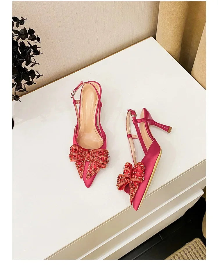 Aneikeh Pointed Toe Women Pumps Designer Crystal Butterfly-knot Elegant Slingbacks Buckle Strap High Heels Wedding Shoes