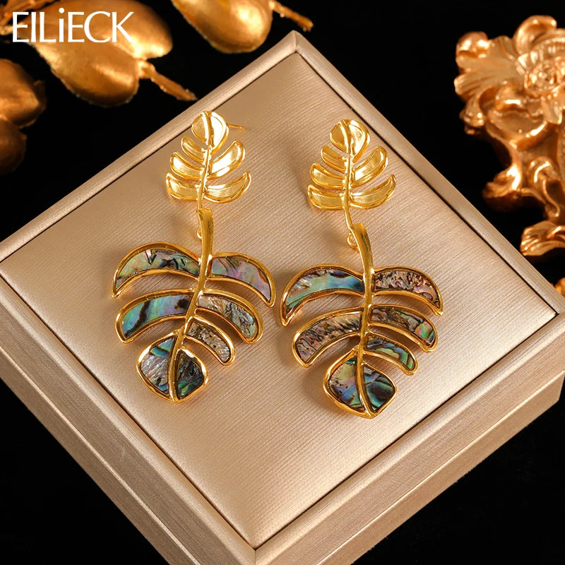 EILIECK 316L Stainless Steel Palm Leaves Drop Dangle Earrings Stylish Trendy Waterproof 18K PVD Plated Metal Jewelry for Women