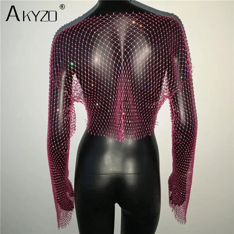Autumn Women Sexy See Through Fishnet T Shirt Glitter Rhinestone Hollow Mesh Long Sleeve Crop Tops Nightclub Party Festival Top
