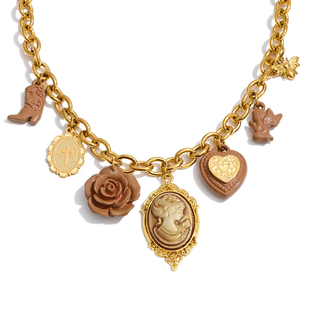 Yhpup New Arrivals Resin Flower Heart Portrait Drop Statement Necklace for Women 18K Golden PVD Plated Charm Exclusive Jewelry