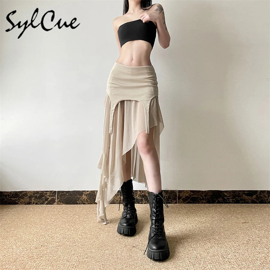 Nibber 2024 Summer Solid Color Simple All-match Casual Sexy Fimbriate High Street Trendy Cool Women's Laminated Ruffled Skirt