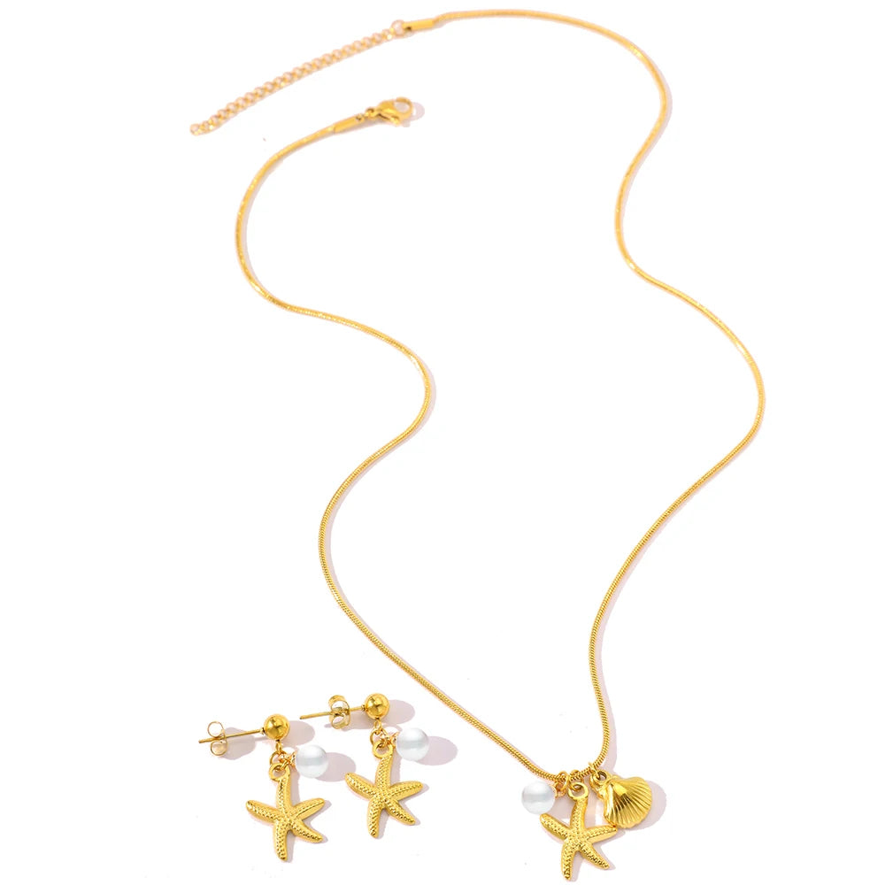 DOTIFI Stainless Steel Starfish Shell Faux Pearl Pendant Necklace Earrings Set Fashion Summer Beach Jewelry For Women Daily Wear