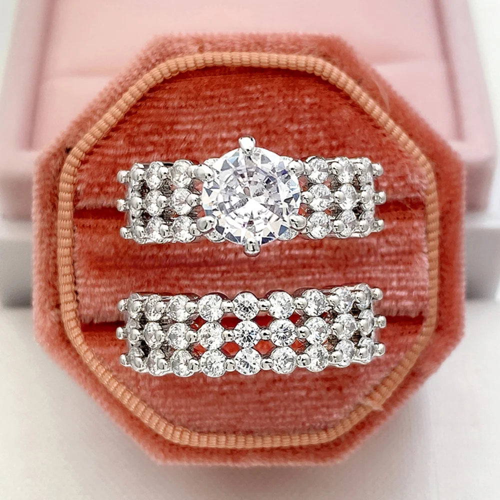 Huitan Set Lady Rings Luxury Wedding Engagement Party Finger Accessories Inlaid Shining Cubic Zirconia Graceful Fashion Jewelry