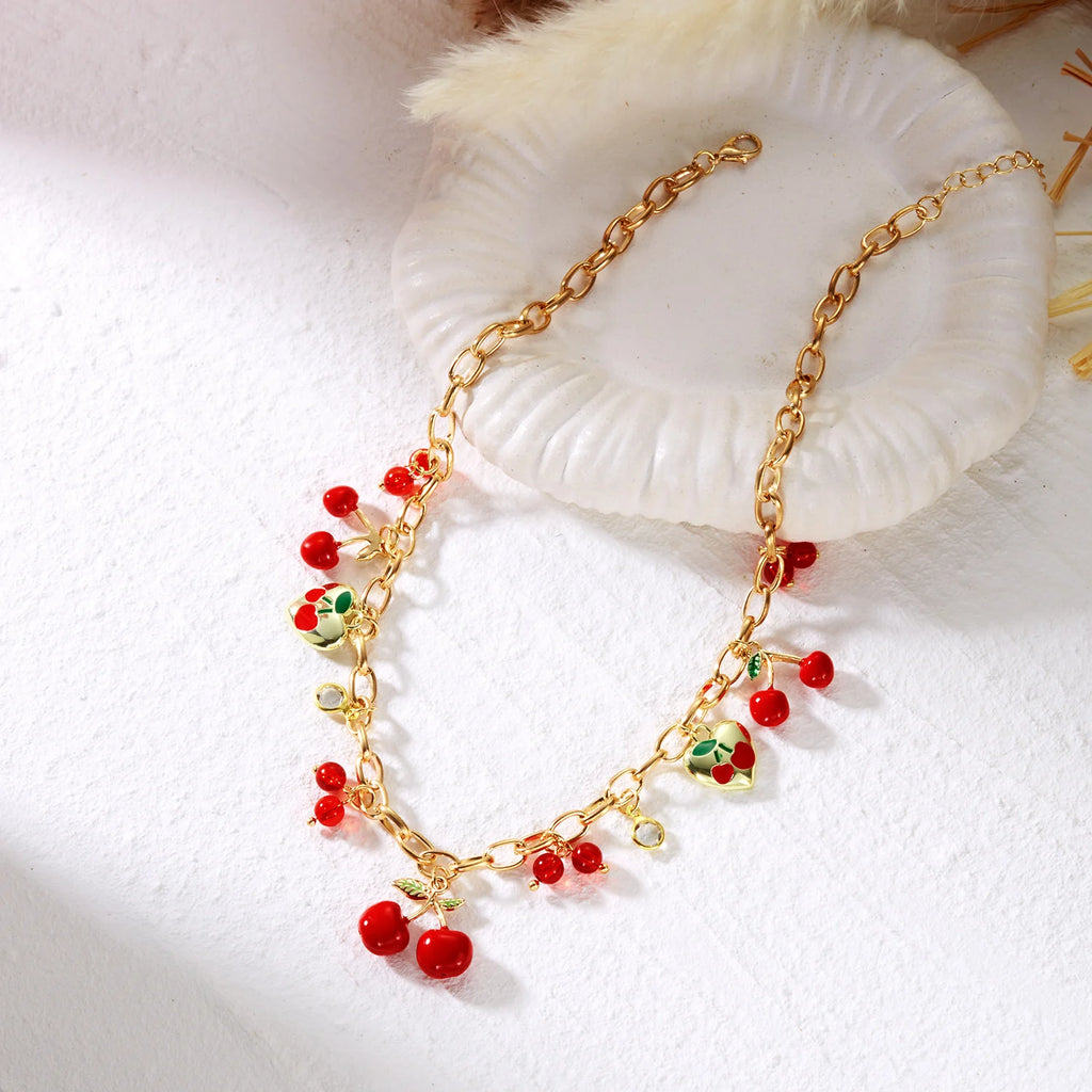 2026 Fashion Charm Cherry Heart Pendant Necklace for Women Red Strawberry Bow Pearl Clavicle Chain Aesthetic Party Jewelry