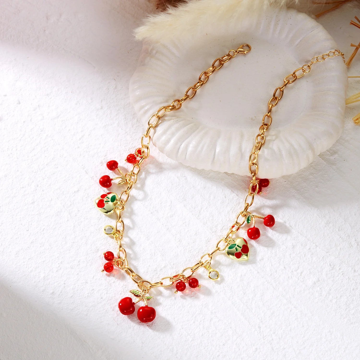2026 Fashion Charm Cherry Heart Pendant Necklace for Women Red Strawberry Bow Pearl Clavicle Chain Aesthetic Party Jewelry