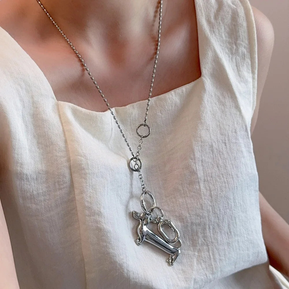 Minar Unique Design Smooth Surface Dachshund Cartoon Dog Pendant Necklaces for Women Silver Plated Long Beads Sweater Chain