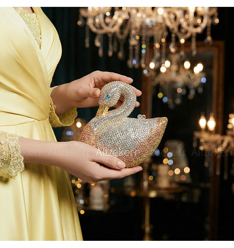 Alizekerr Swan Shaped Diamond Evening Bags New Gorgeous Sparkling Rhinestone Metallic Clutch Purses And Handbags Wedding Party