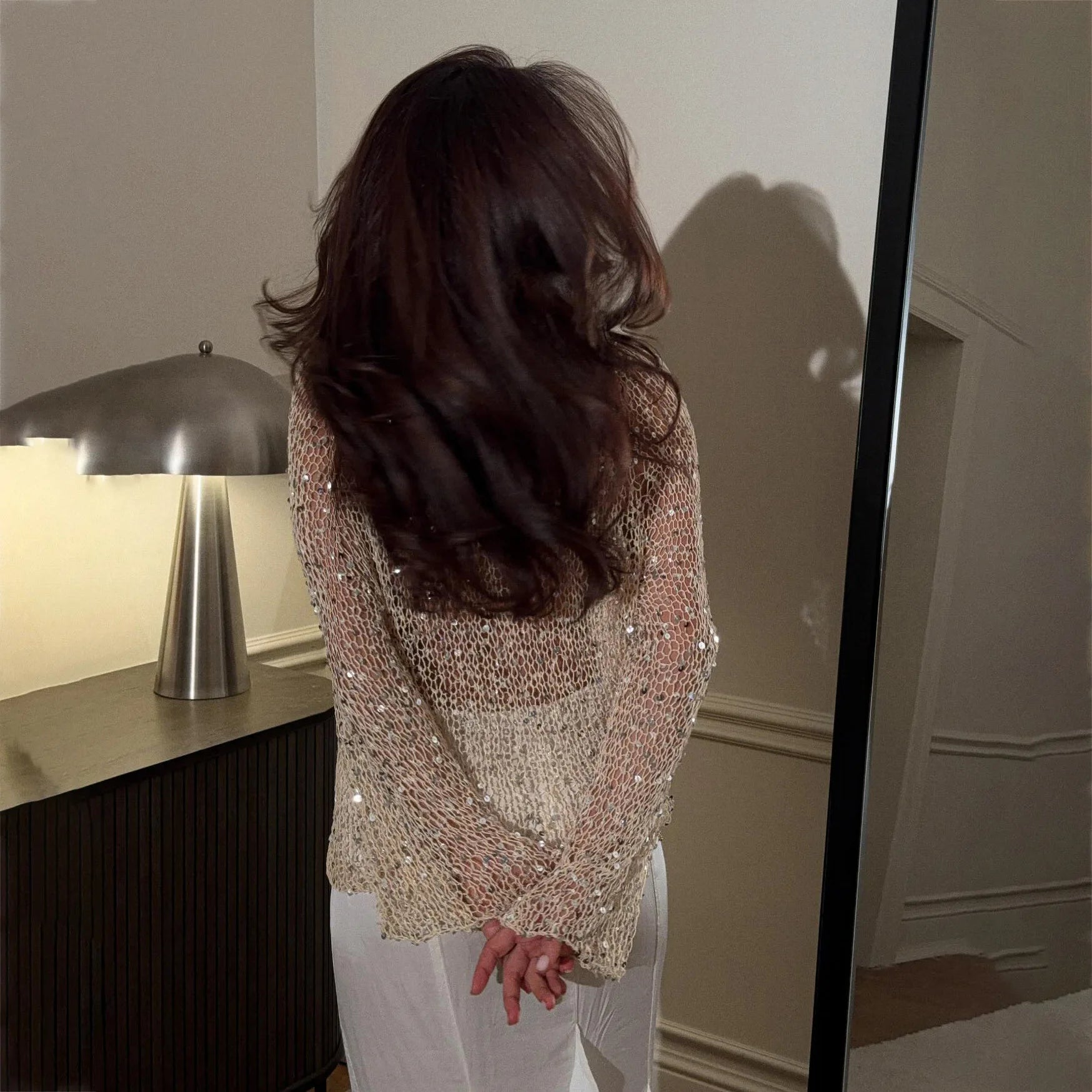 Sequined Knitting O-neck Pullover Women Elegant Hollow Out Design Long Sleeve 2025 Spring Evening Party Tops for Ladies