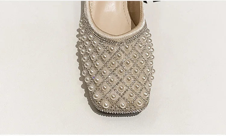 2025 Spring Summer Women Fashion Pumps New OL Party Square Casual High Heels Shoes Ladies Rhinestone Pearl Loafers 35-43